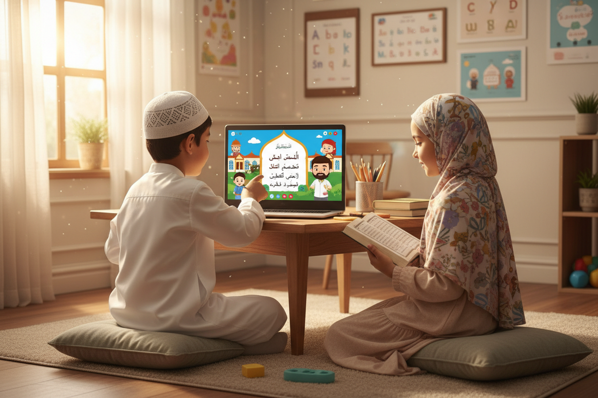 Muslim kids reading Quran online on laptop